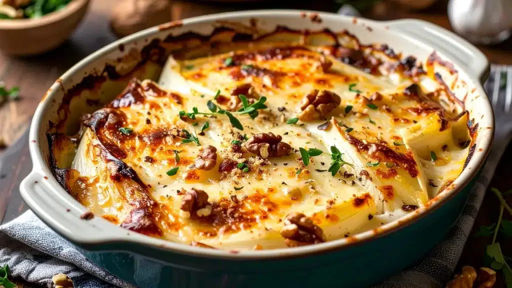 Recette traditionnelle du gratin d’endives au munster et aux noix